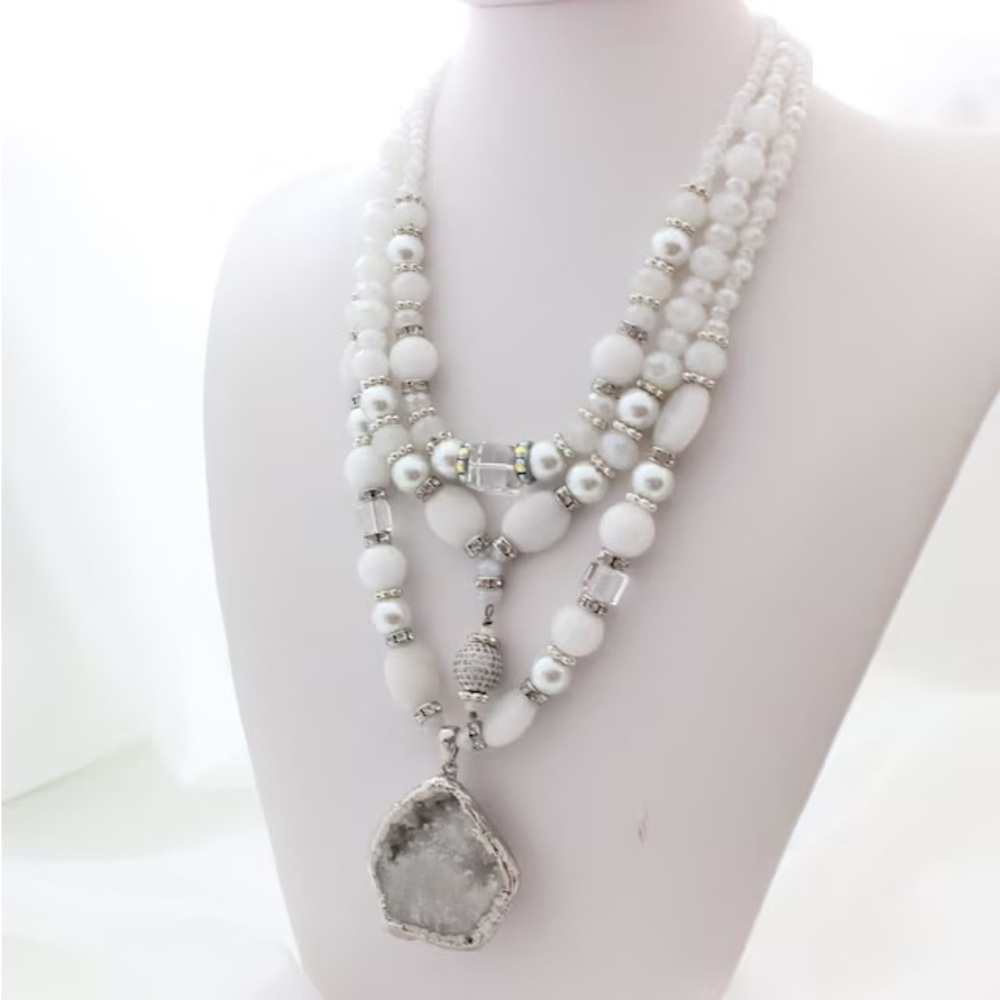 White Silver Druzy Pendant Necklace